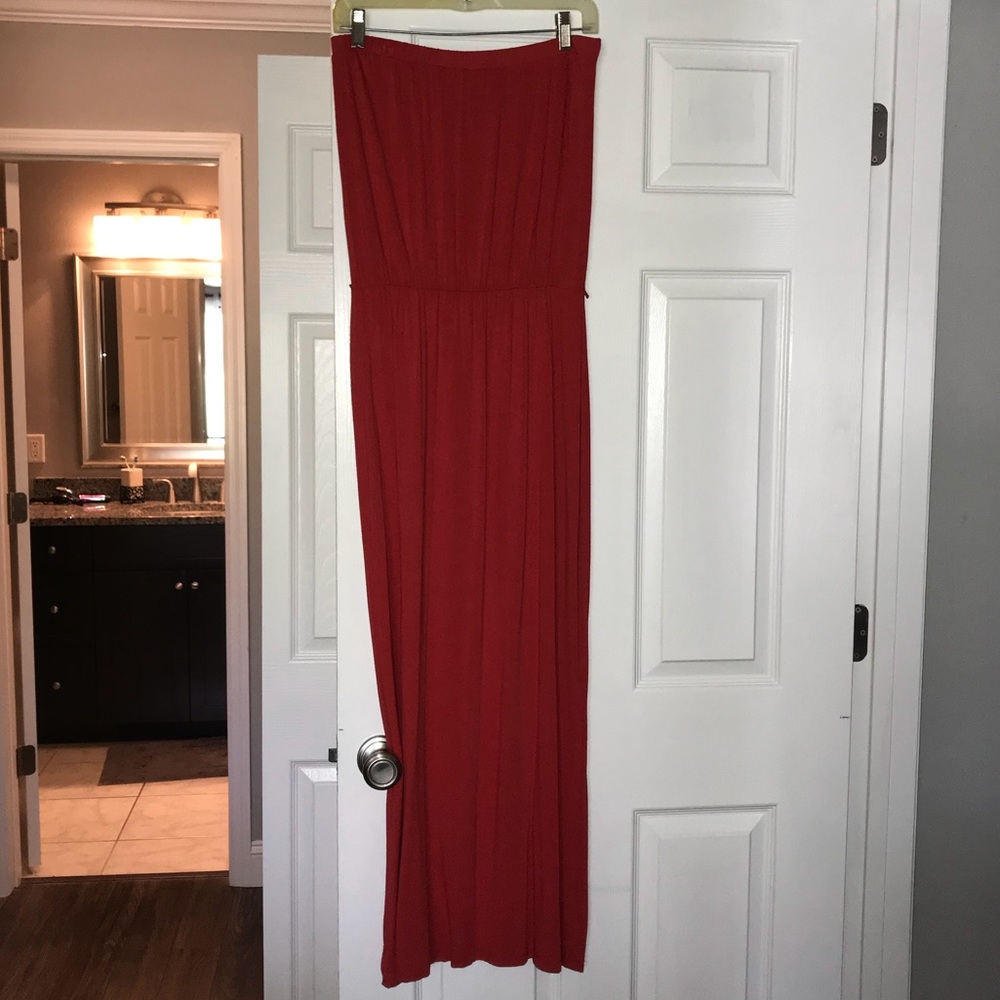 Strapless red maxi dress